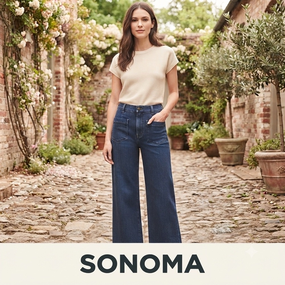Sonoma Goods for Life 10P Womens Wide Leg Pockets Jeans Medium Wash Crop Denim